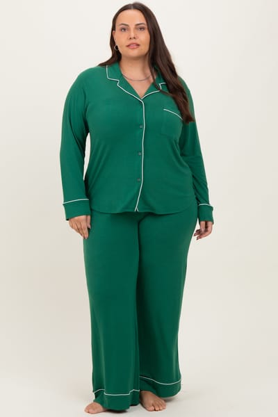 Zenana Outfitters Forest Green Button Down Top Wide Leg Pant Plus Pajama Set