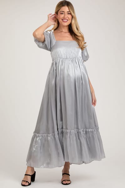 PinkBlush Silver Satin Square Neck Short Puff Sleeve Maternity Maxi Dress