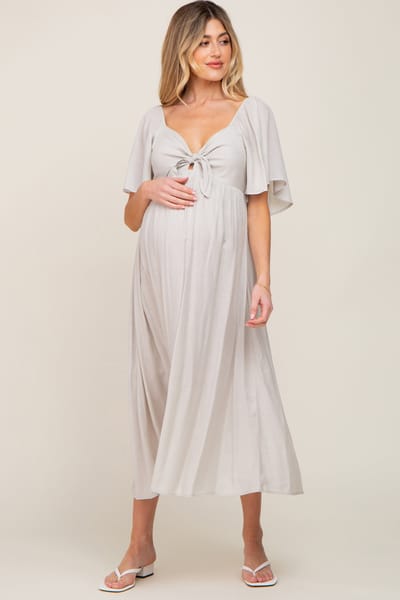 Lime N Chili Grey Front Tie Ruffle Sleeve Maternity Midi Dress