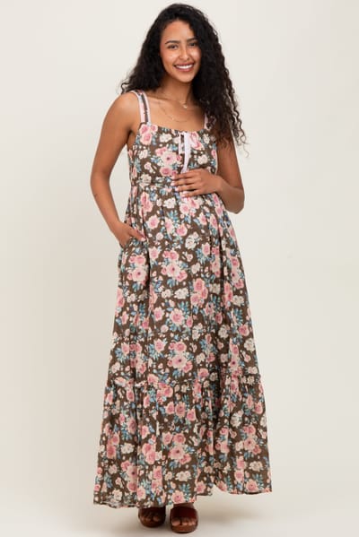 Davi & Dani Mocha Floral Ruffle Detail Maternity Maxi Dress