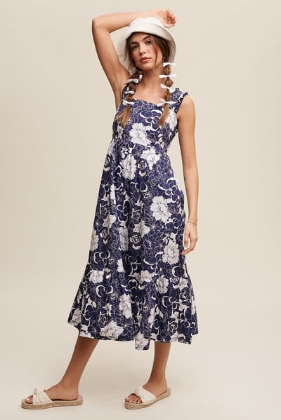 Listicle Navy Floral Tiered Sleeveless Midi Dress