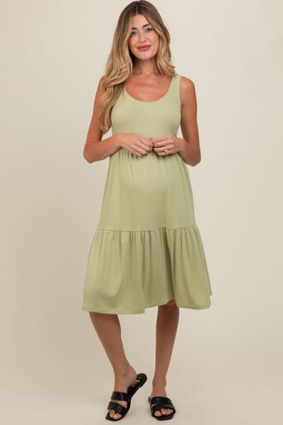 No Less Than Light Olive Tiered Sleeveless Maternity Midi Dress