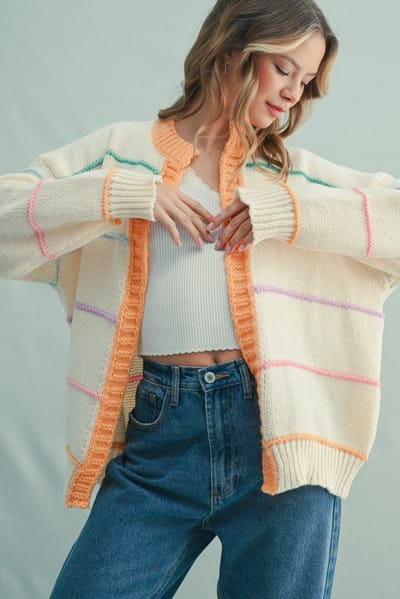 Wishlist Cream Multicolor Stripe Chunky Knit Cardigan