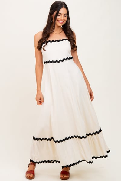 Aaron & Amber Beige Colorblock Trim Midi Dress