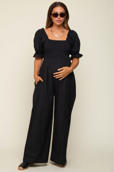 PinkBlush Black Smocked Square Neck Wide Leg Maternity Jumpsuit