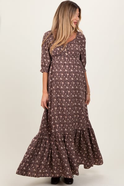 Elloh Chestnut Floral Sweetheart Neckline Maternity Maxi Dress
