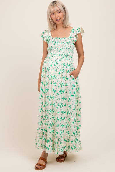 PinkBlush Green Floral Print Smocked Ruffle Sleeve Maternity Maxi Dress