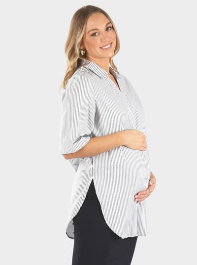 Angel Maternity White Maternity & Nursing Cotton Shirt in Navy Stripes