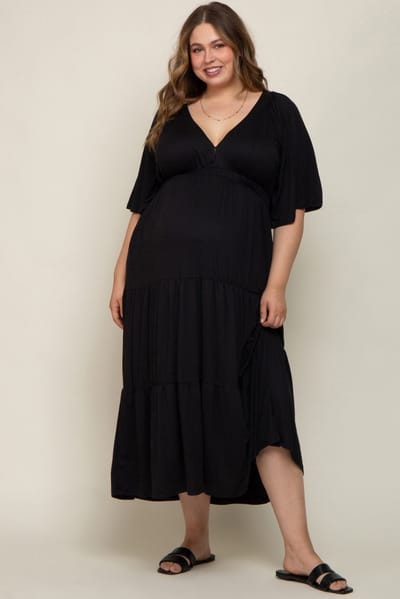 PinkBlush Black Deep V-Neck Tiered Maternity Plus Maxi Dress