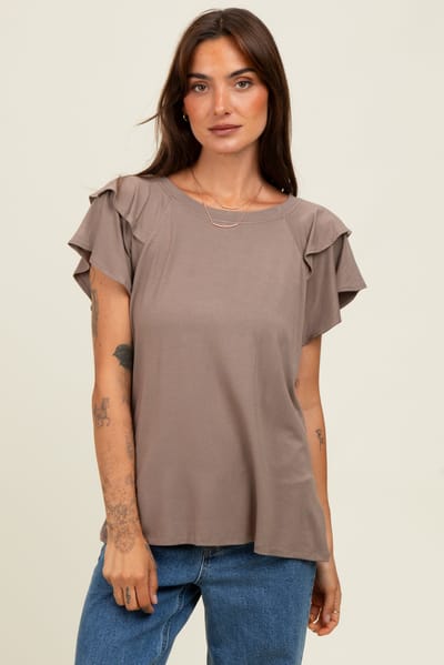 Elloh Taupe Double Ruffle Sleeve T-Shirt