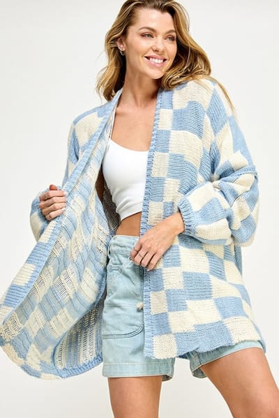 Miss Love Light Blue Checkered Print Oversized Cardigan
