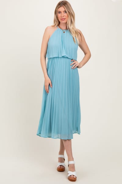 Dress Day Blue Pleated Woven Midi Dress