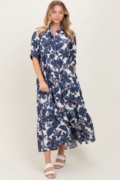 Umgee Navy Leaf Print Tiered Midi Dress