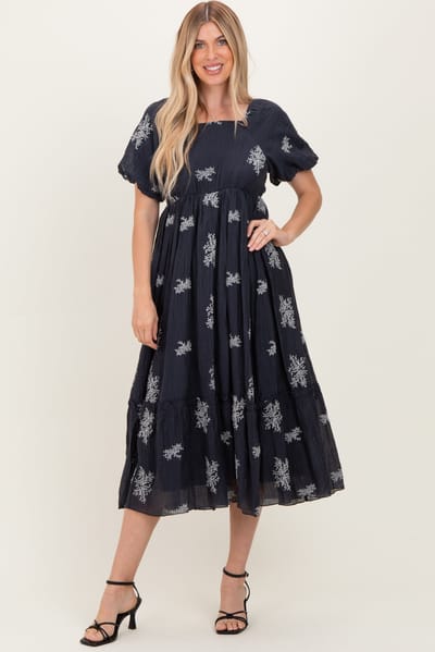 Polagram Navy Floral Embroidered Puff Sleeve Midi Dress