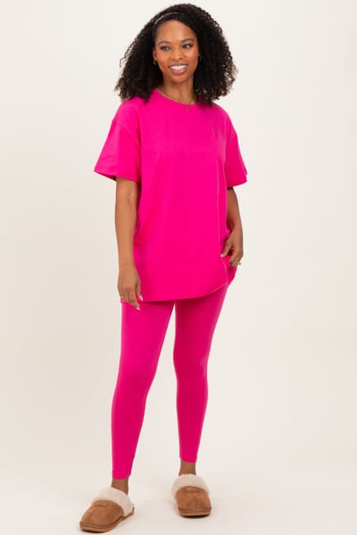 Zenana Outfitters Hot Pink Oversized Crewneck Short Sleeve and Legging Set