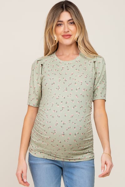 PinkBlush Light Olive Floral Side Ruched Maternity Short Sleeve Top