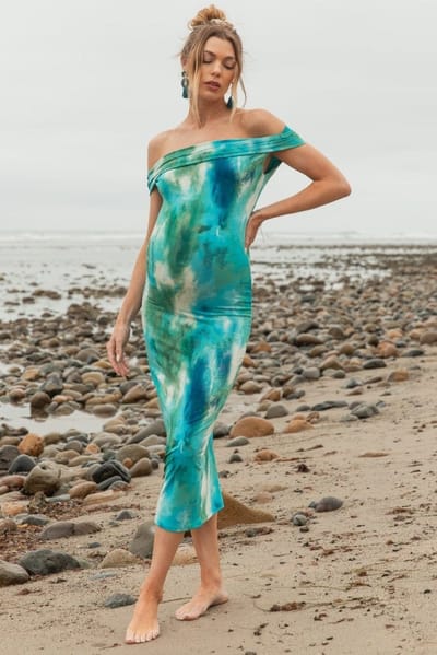 PinkBlush Blue Tie Dye Off Shoulder Maternity Maxi Dress