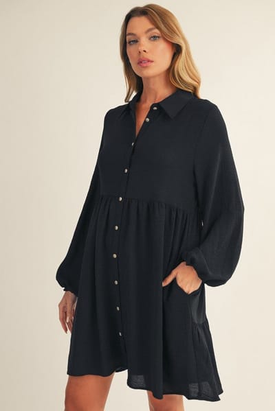 Jodifl Black Tiered Back Detail Button Down Dress