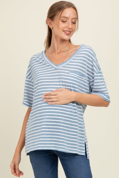 Very J Blue Striped Oversized V-Neck Front Pocket Maternity T-Shirt