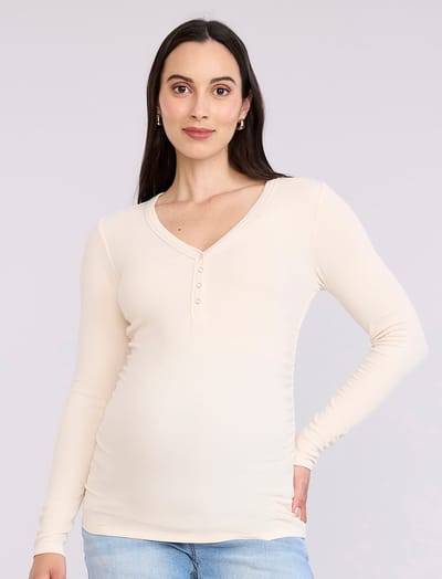 Motherhood Maternity Side Ruched Long Sleeve Henley Maternity Rib Tee