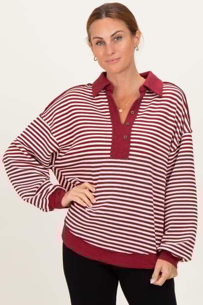 BiBi Burgundy Striped Oversized Collared Pullover Top