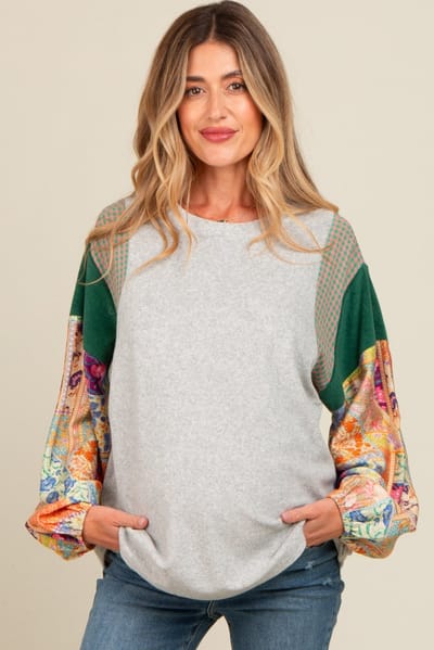 Easel Heather Grey Mixed Print Bubble Sleeve Maternity Top