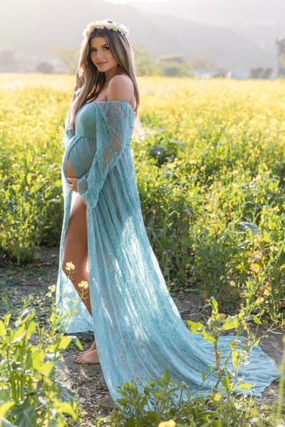Rhea + Thea PinkBlush Blue Lace Off Shoulder Maternity Photoshoot Gown/Dress
