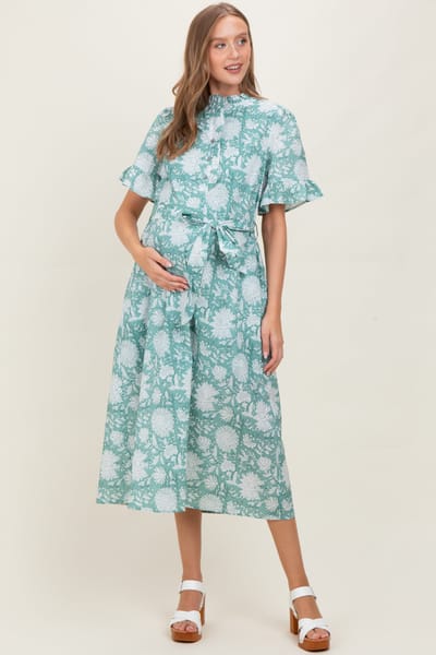 PinkBlush Light Olive Floral Ruffle Button Up Neckline Maternity Midi Dress