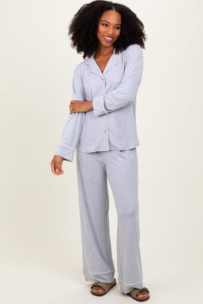 Zenana Outfitters Heather Grey Button Down Top Wide Leg Pant Pajama Set