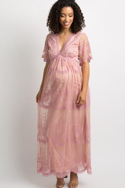 Rhea + Thea Pink Lace Mesh Overlay Maternity Maxi Dress