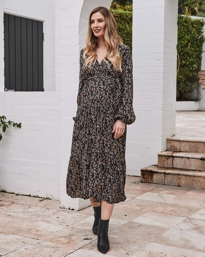 Angel Maternity Lauren Maternity V Neck Floral Dress In Navy
