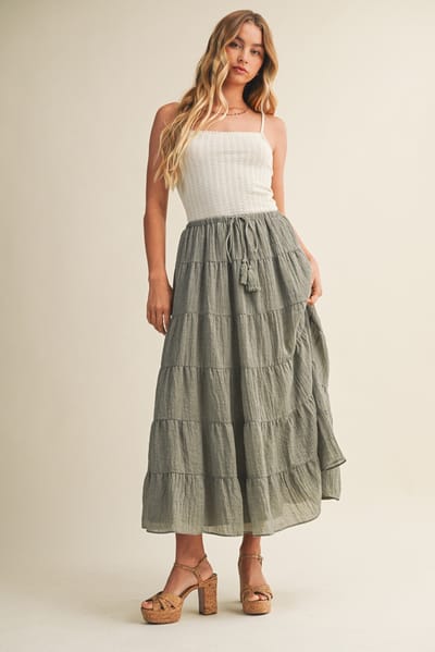 Mustard Seed Light Olive Tiered Drawstring Maxi Skirt