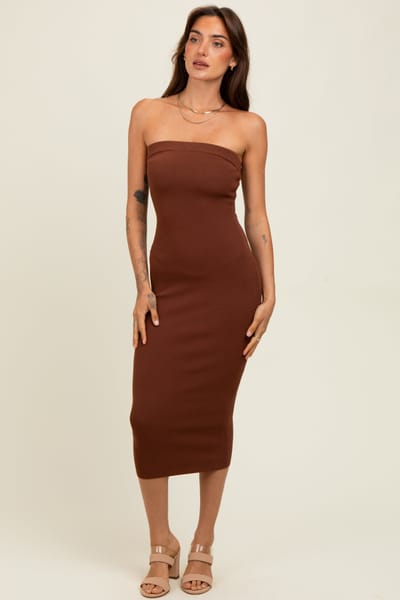 Hera Collection Brown Fitted Tube Knit Midi Dress