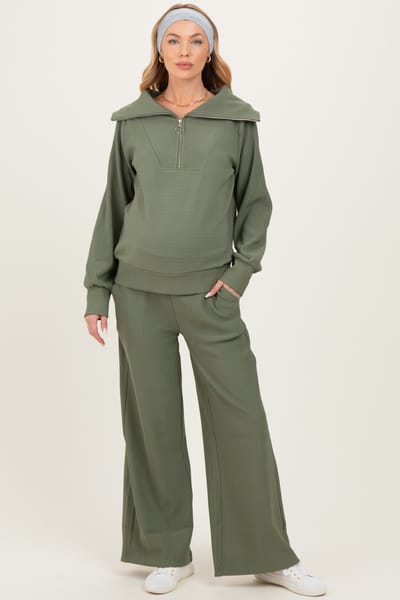 PinkBlush Light Olive Ribbed High Neck Half Zip Pullover Maternity Pant Set