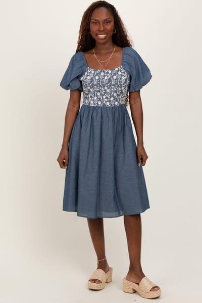 Tea N Rose Blue Chambray Floral Embroidered Short Sleeve Midi Dress