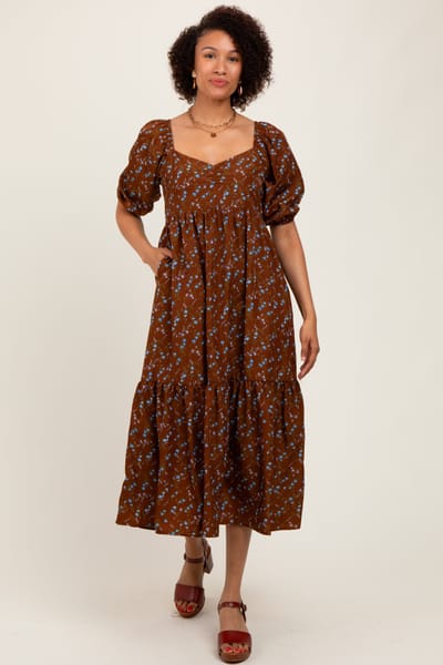 Elloh Mocha Floral Sweetheart Puff Sleeve Midi Dress