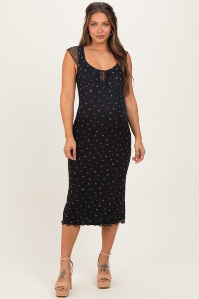 PinkBlush Black Floral Mesh Front Tie Cutout Maternity Midi Dress