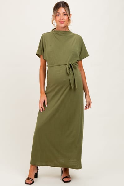 Gilli Olive Plaid Draped Neckline Sash Tie Maternity Maxi Dress