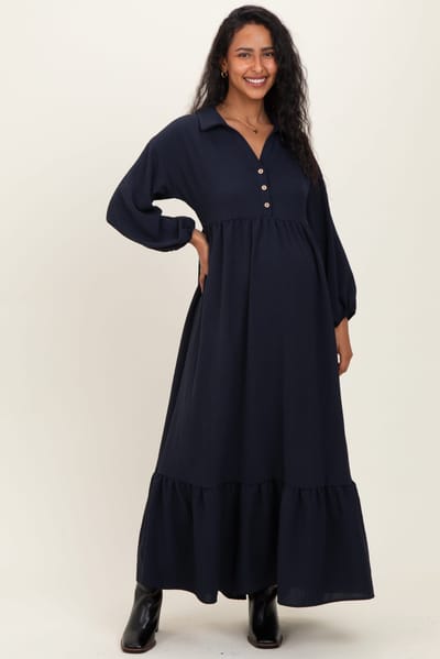 PinkBlush Navy Solid Long Sleeve Button Down Tiered Collared Maternity Dress