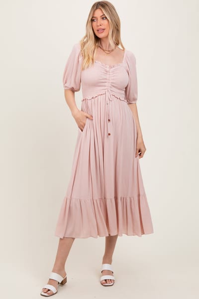 Dress Day Light Pink Smocked Cinched Front Maxi Dress