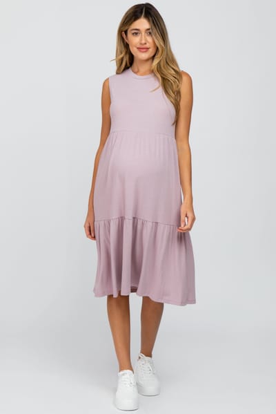No Less Than Lavender Ribbed Sleeveless Maternity Midi Dress