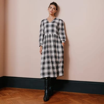 For The Creators Black and Cream Plaid Midi Dress