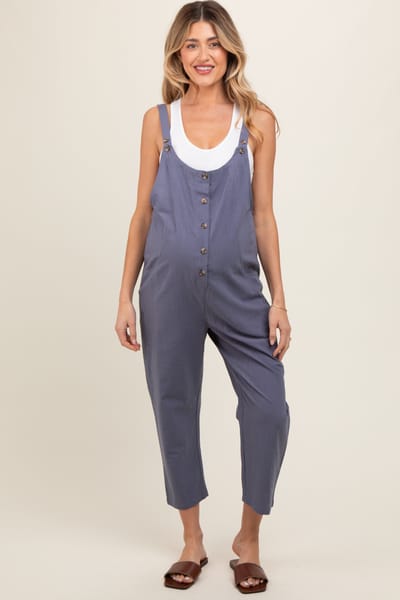 Elloh Blue Button Down Maternity Cropped Jumpsuit