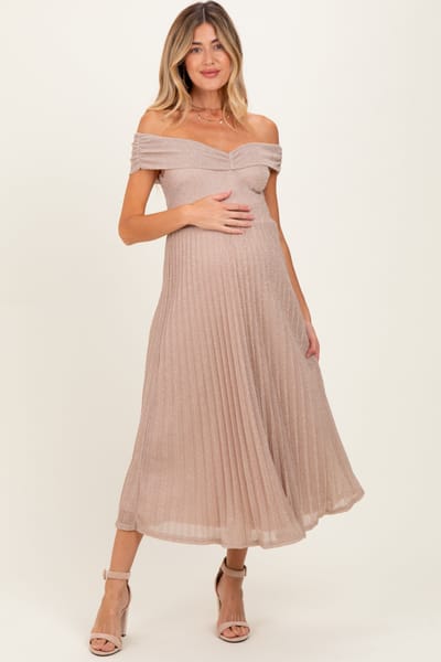 PinkBlush Beige Shimmer Off Shoulder Pleated Maternity Midi Dress