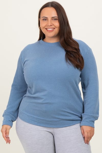 Zenana Outfitters Blue Textured Ribbed Long Sleeve Plus Top