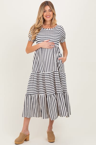 Rhea + Thea Cream/Navy Striped Short Sleeve Tiered Maternity Maxi Dress