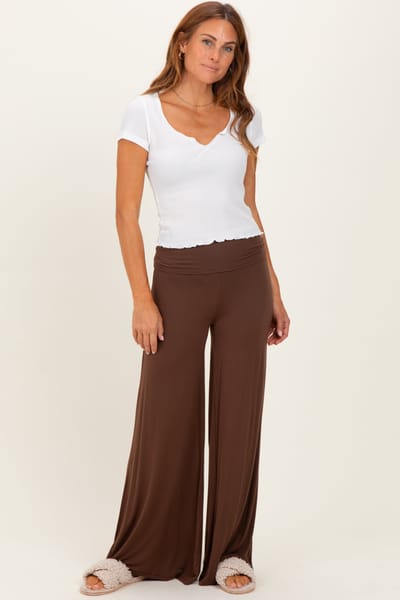 Zenana Outfitters Brown Fold Over Waist Wide Leg Lounge Pants