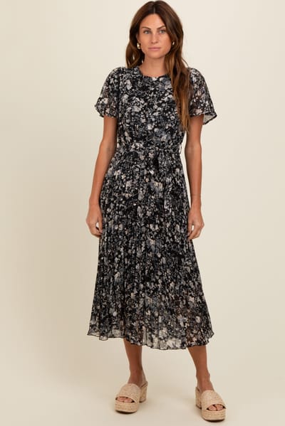 Polagram Black Floral Pleated Midi Dress