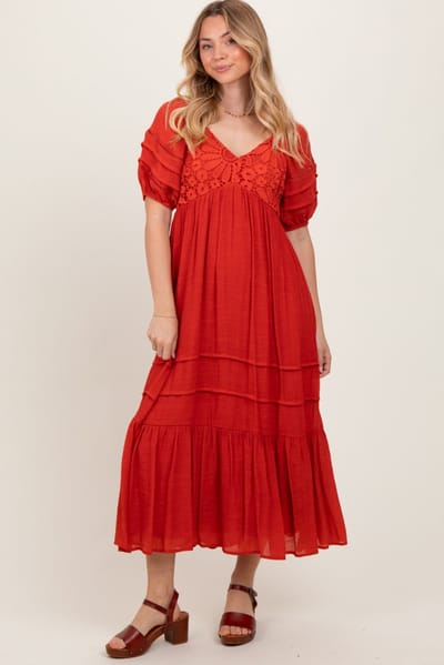 Dress Day Rust Crochet Detail Bodice Midi Dress