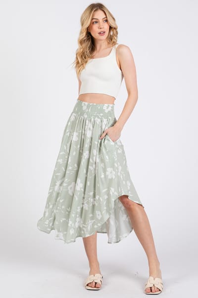 Final Touch Light Olive Floral Smocked Waist Round Hem Midi Skirts